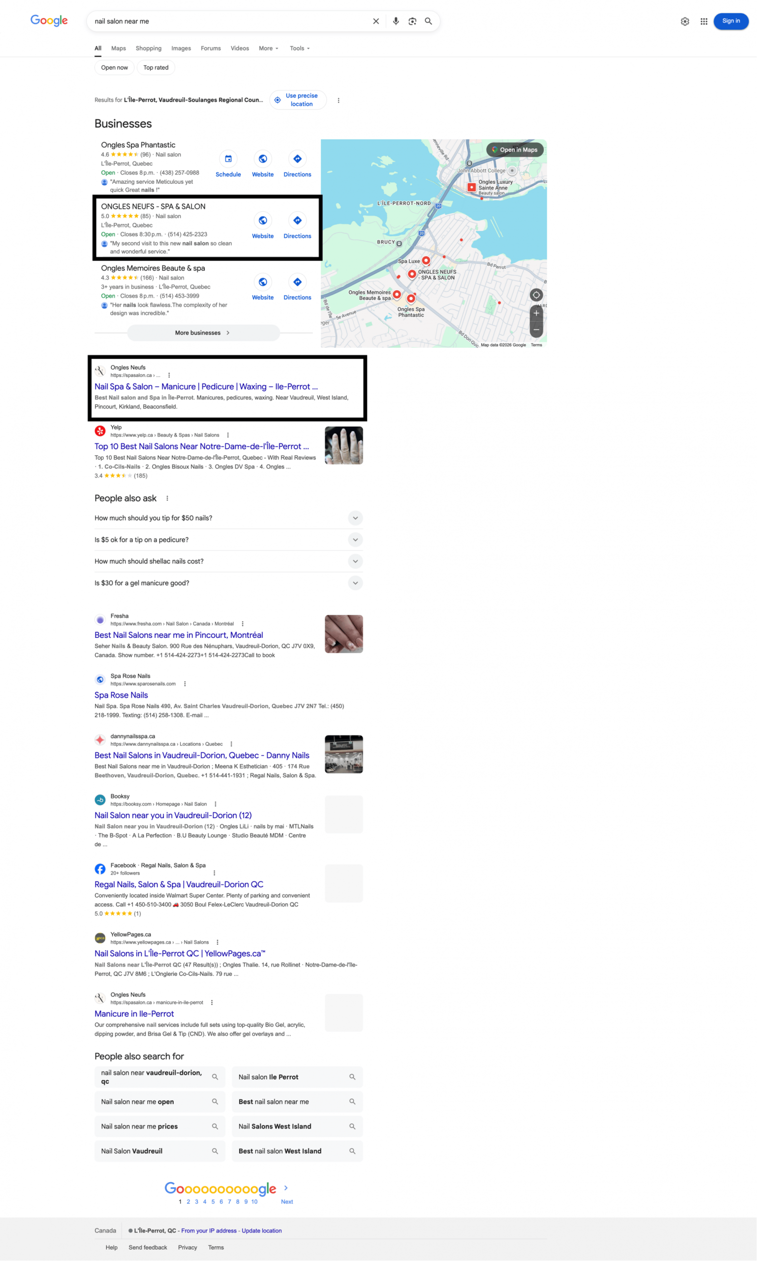 Excellents résultats de SEO local, plaçant le salon de manucure en tête des recherches Google pour les services de manucure et pédicure à Île-Perrot et Vaudreuil-Dorion.